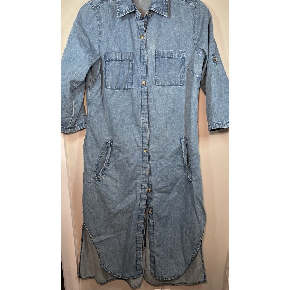 MPH Collection Blue Denim Shirt Dress S Collared Button Front Pockets Knee - Picture 1 of 9